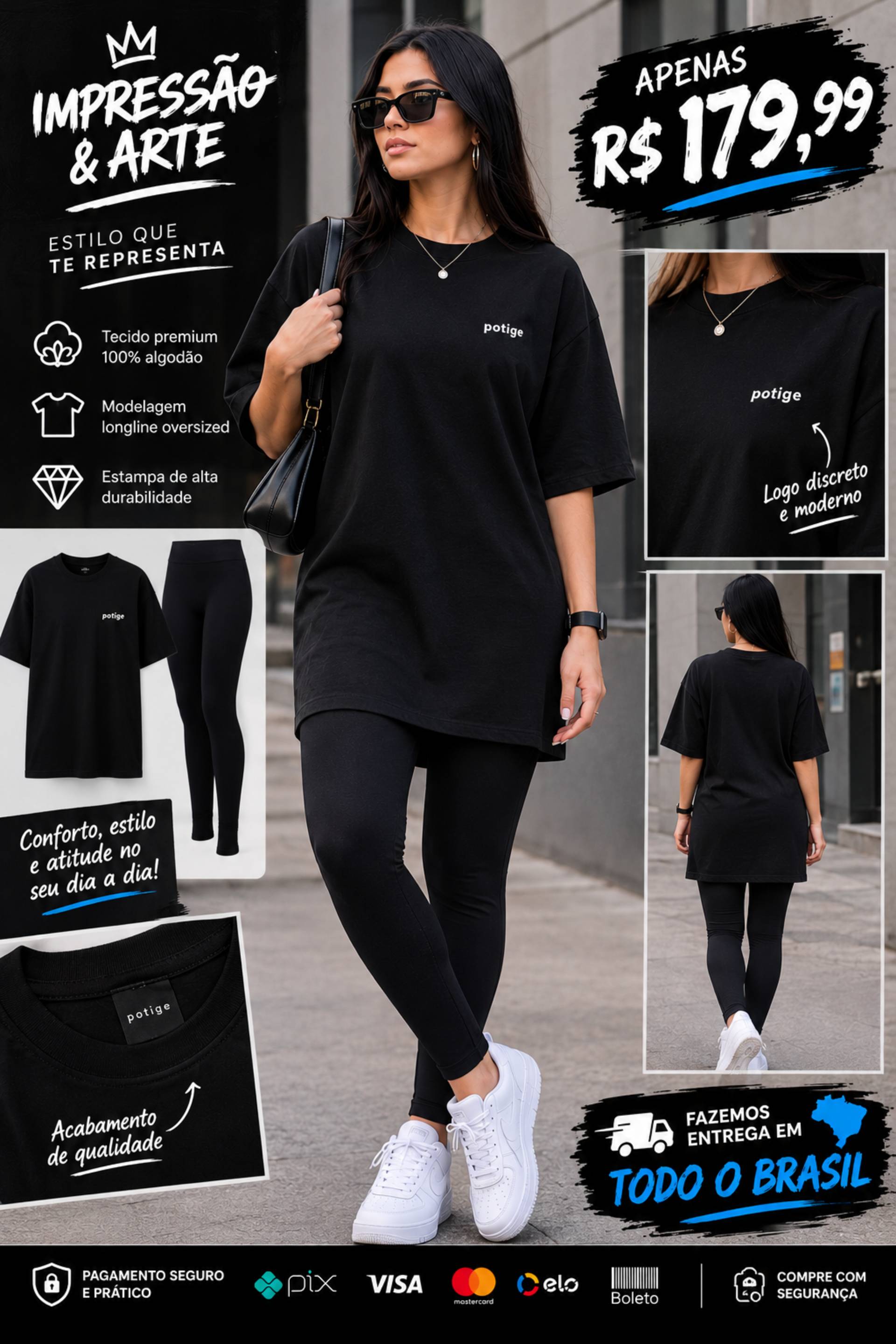 Camiseta feminina longline original preto