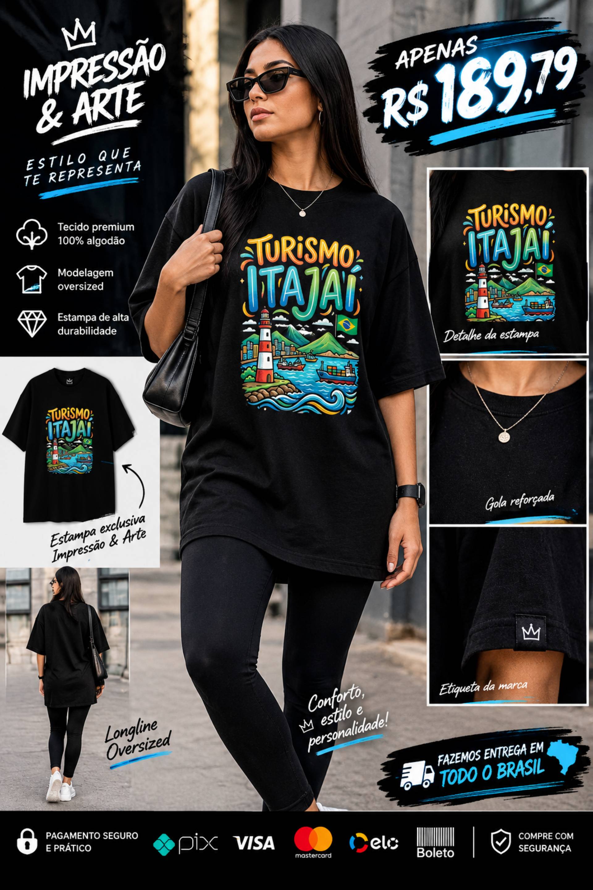 Camiseta feminina longline original preto