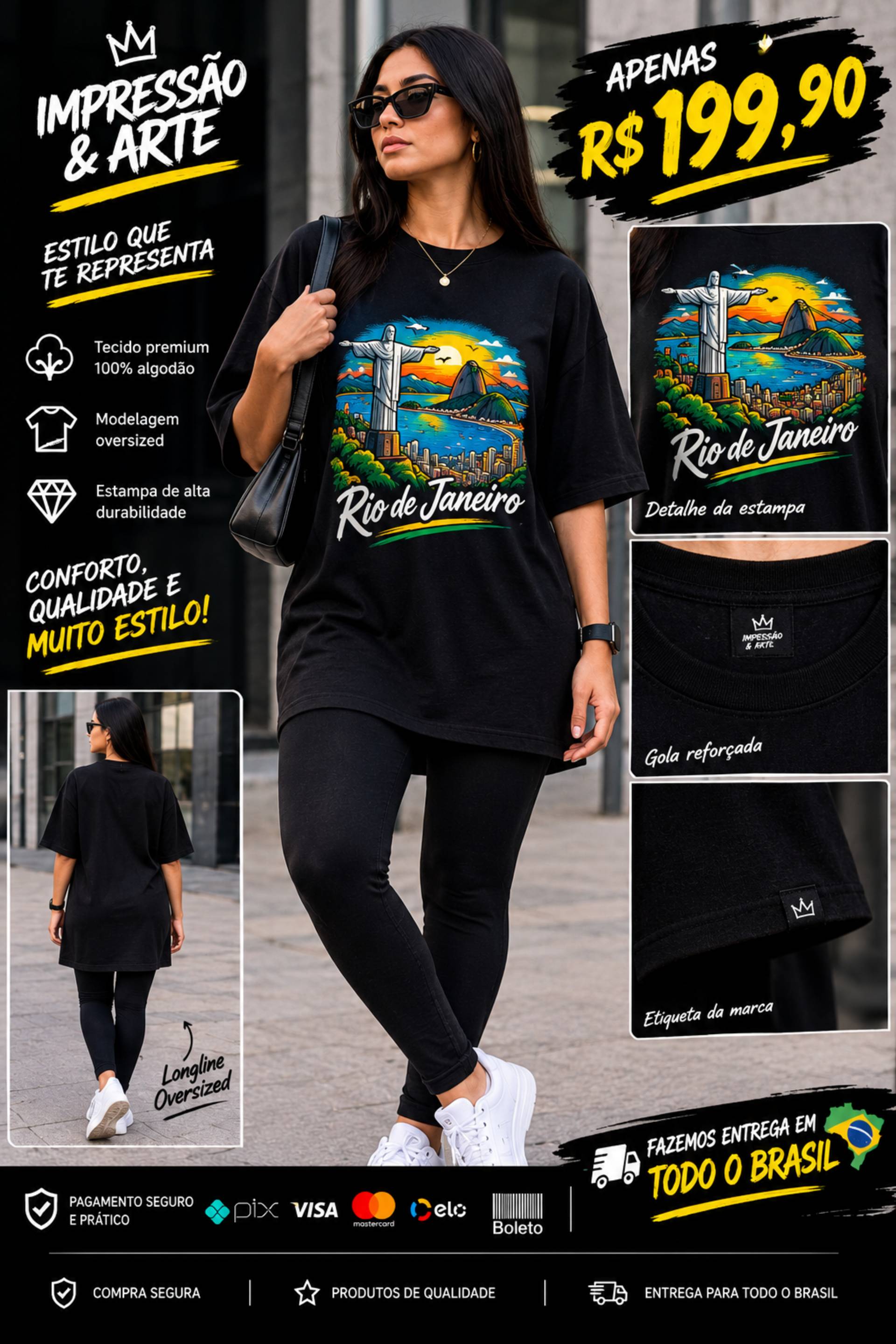 Camiseta feminina longline original preto