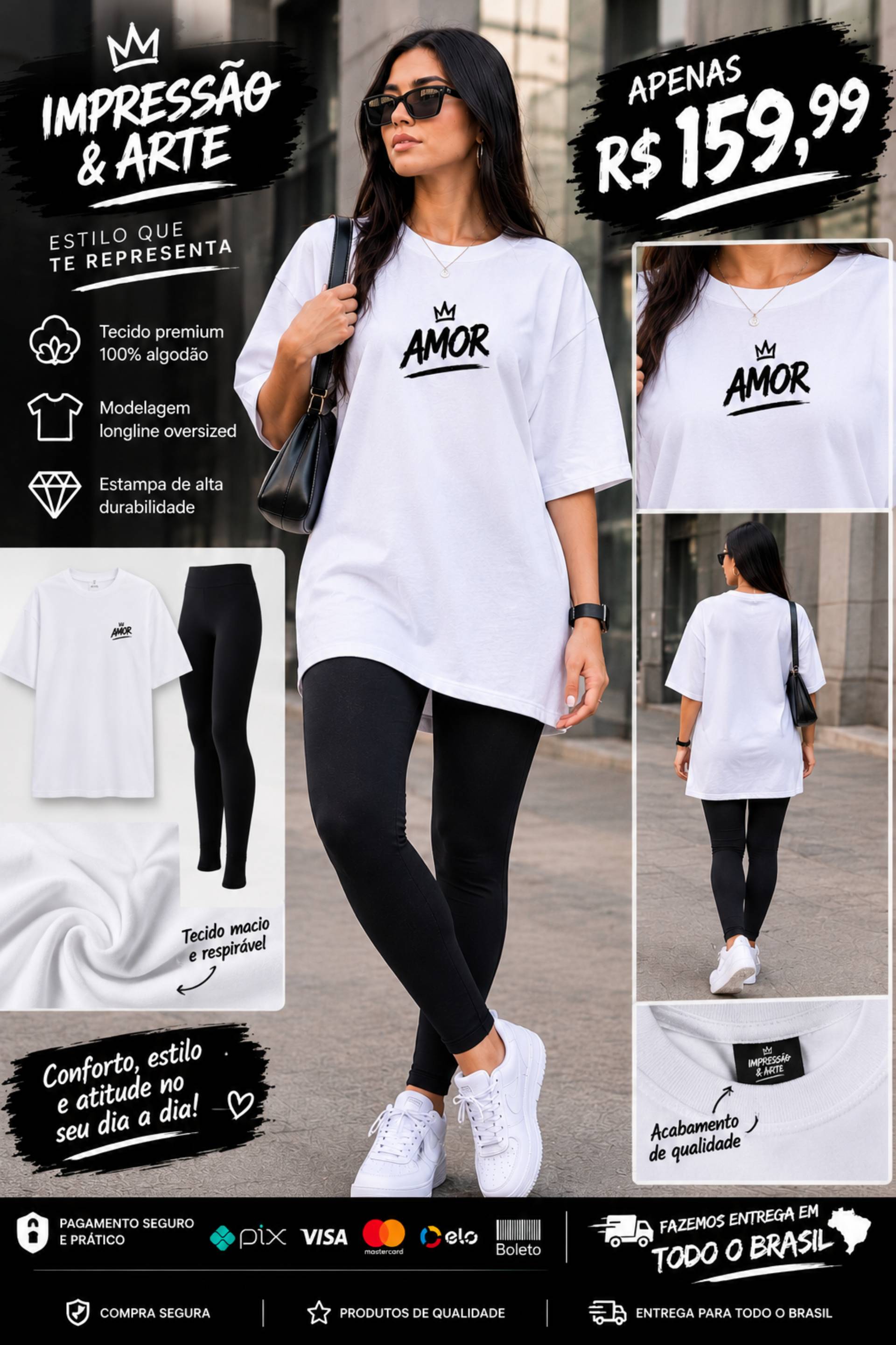 Camiseta feminina longline original branca