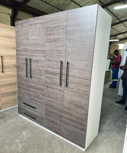 4-Door Grey Wood Grain Wardrobe - 2 Drawer