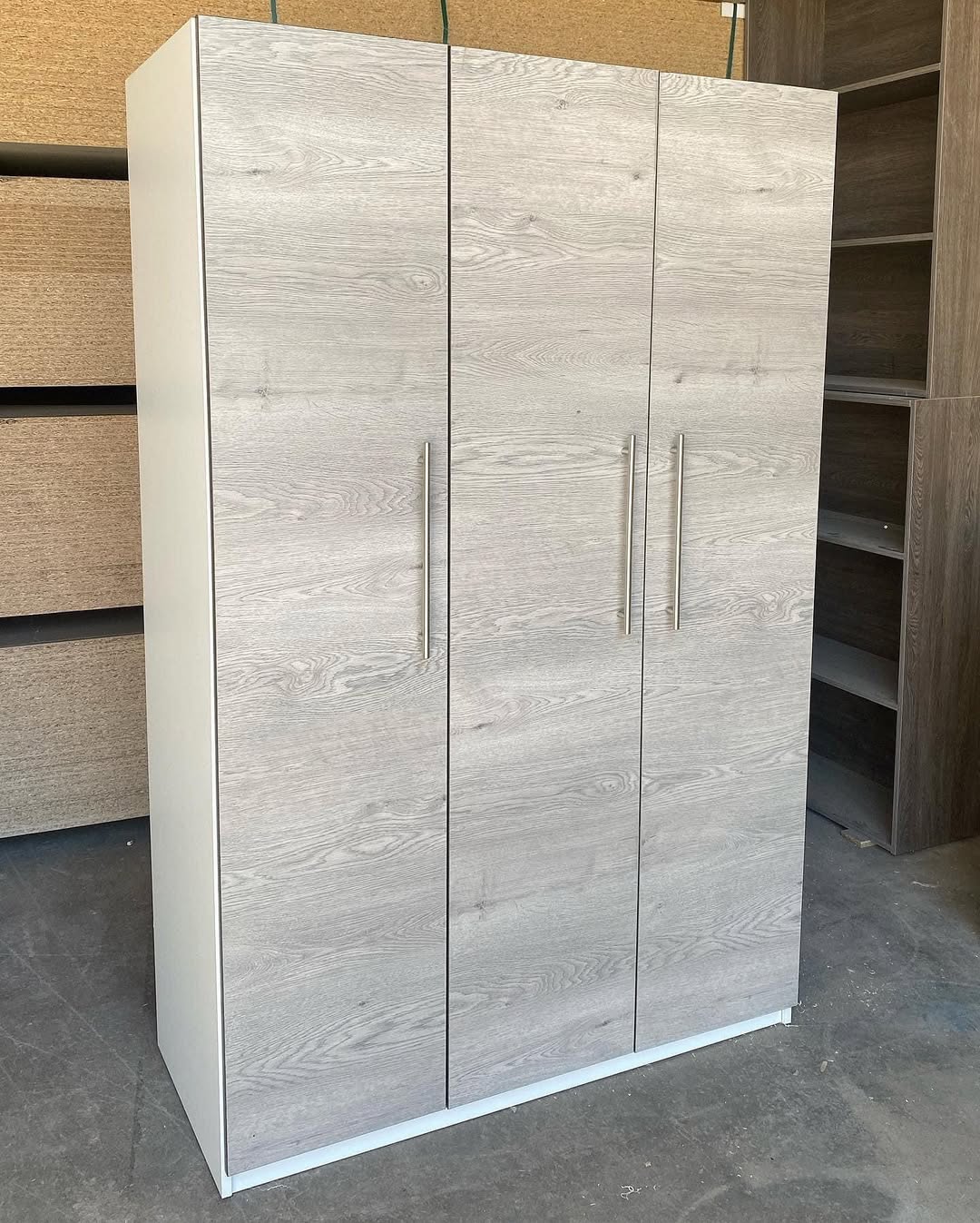 3-Door Light Grey Wood Wardrobe