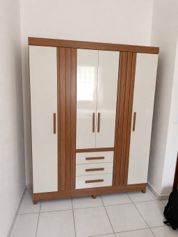4-Door Off-White & Walnut Wardrobe - 3 Drawer