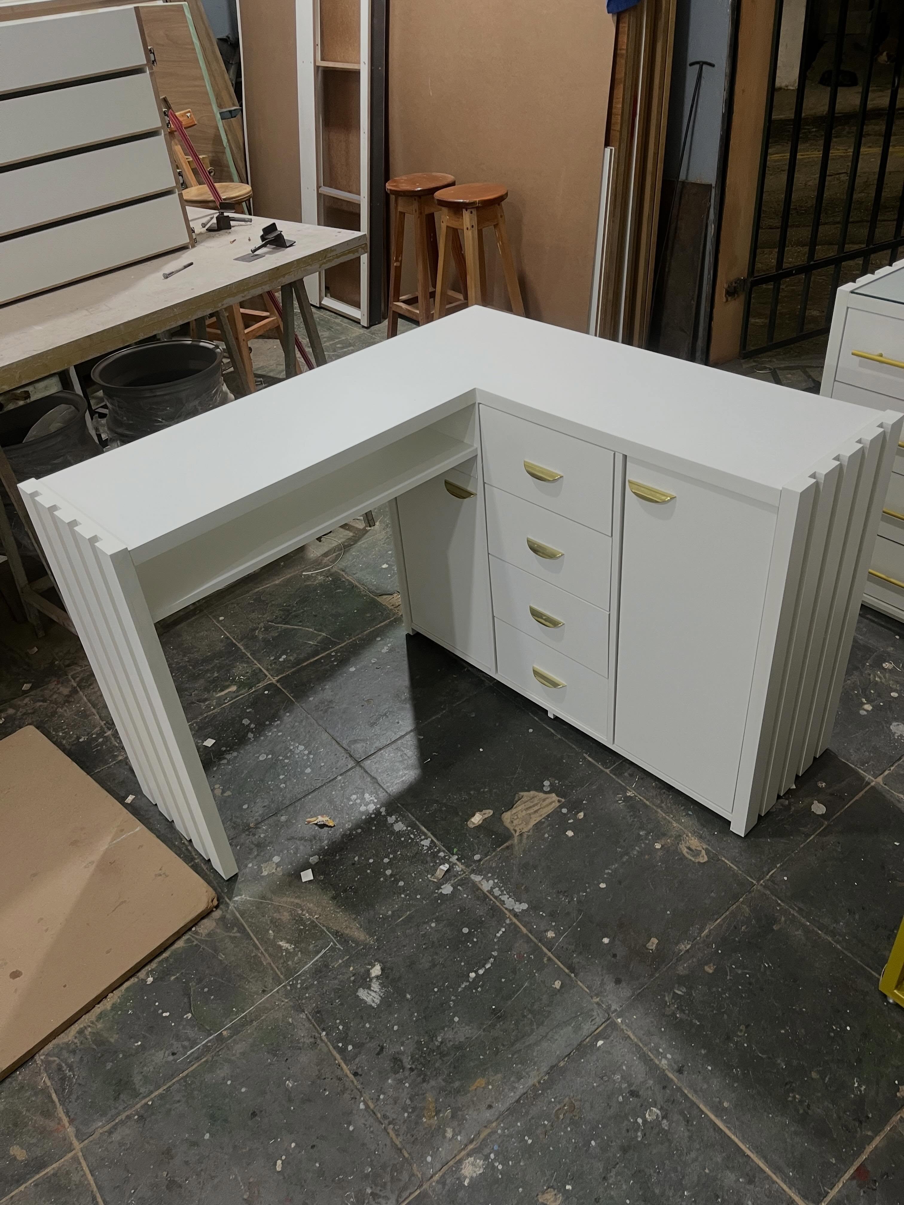 L-Shape Dressing Table Desk - White Fluted - Gold Handles