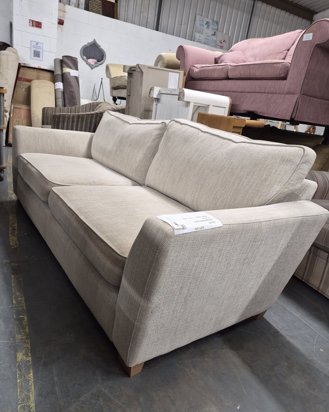3-Seater Couch - Light Beige Woven - Piped Detail
