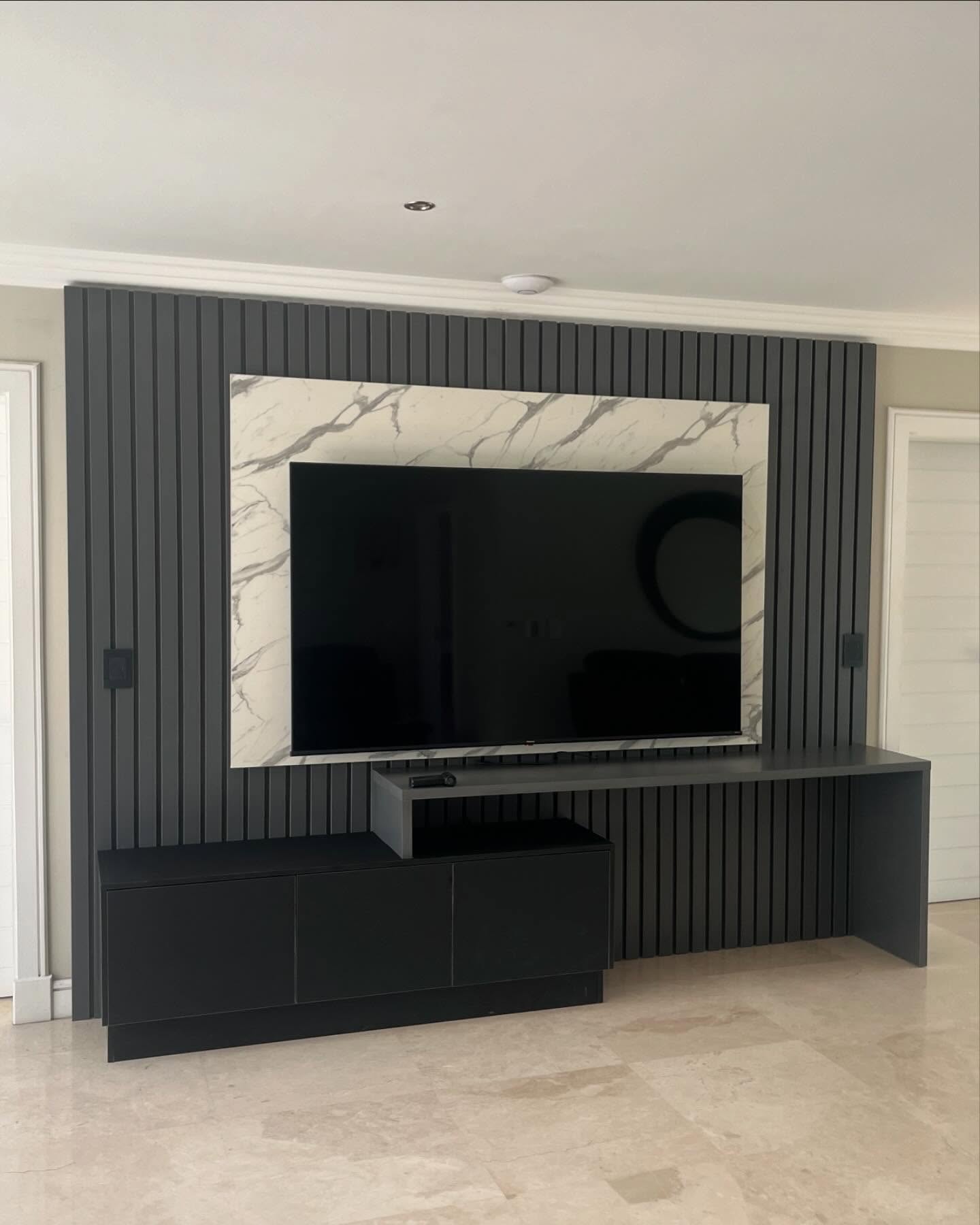 Modern TV Wall Unit - Charcoal Fluted + Marble