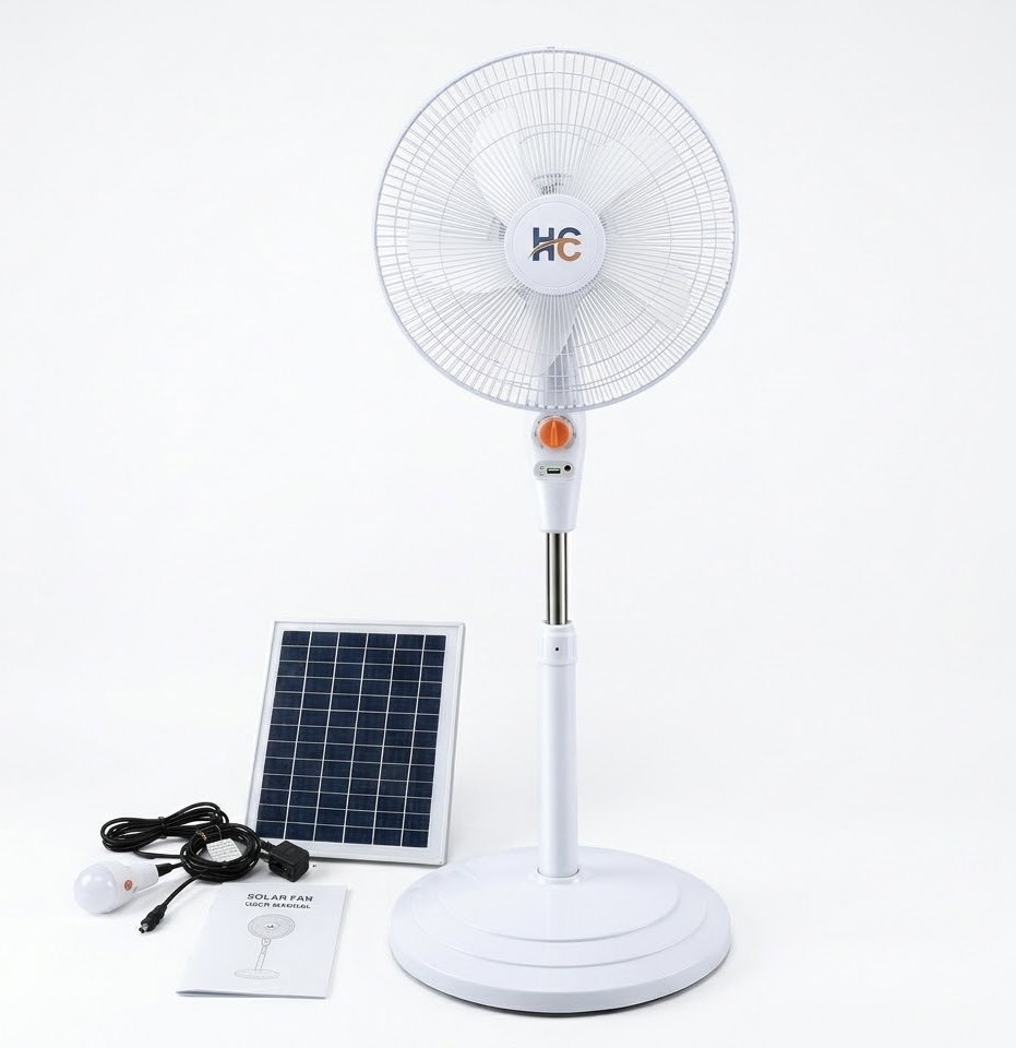 HC 16" Rechargeable Solar Standing Fan (168F) With panel and bulb