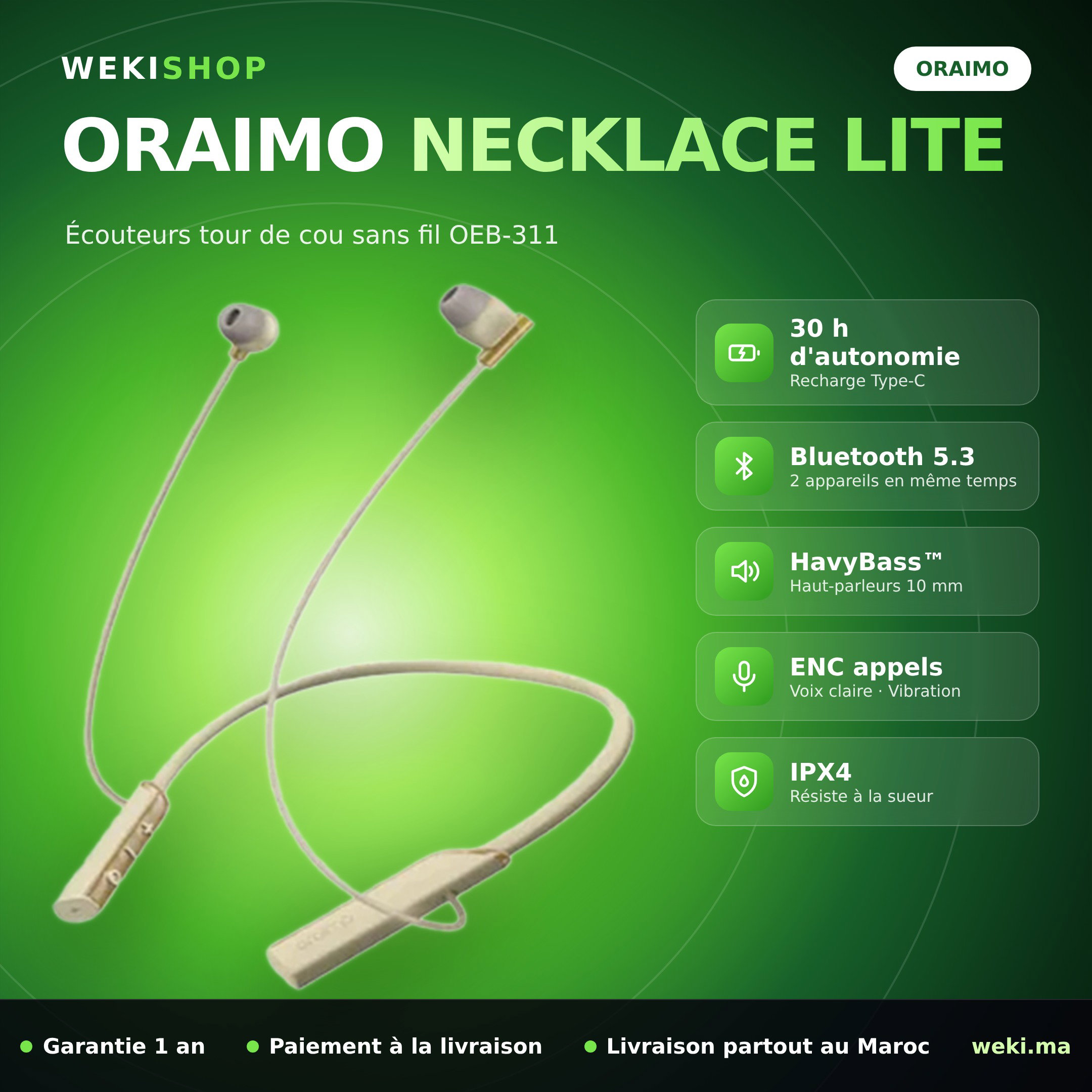 Écouteurs tour de cou oraimo Necklace Lite OEB-311 – Bluetooth 5.3, 30 h – Original