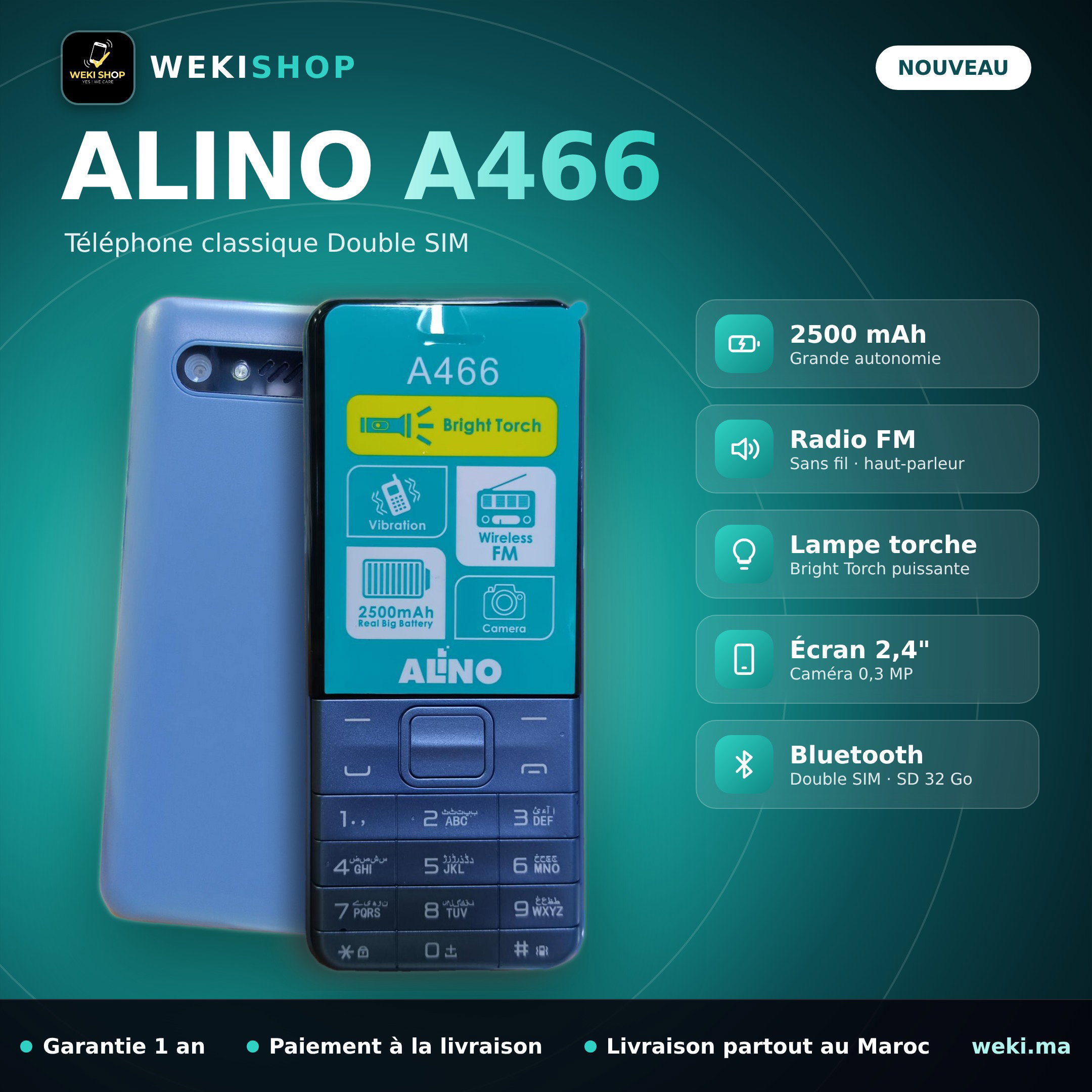 ALINO A466 – Téléphone classique Double SIM – 2500 mAh, Radio FM, Lampe torche