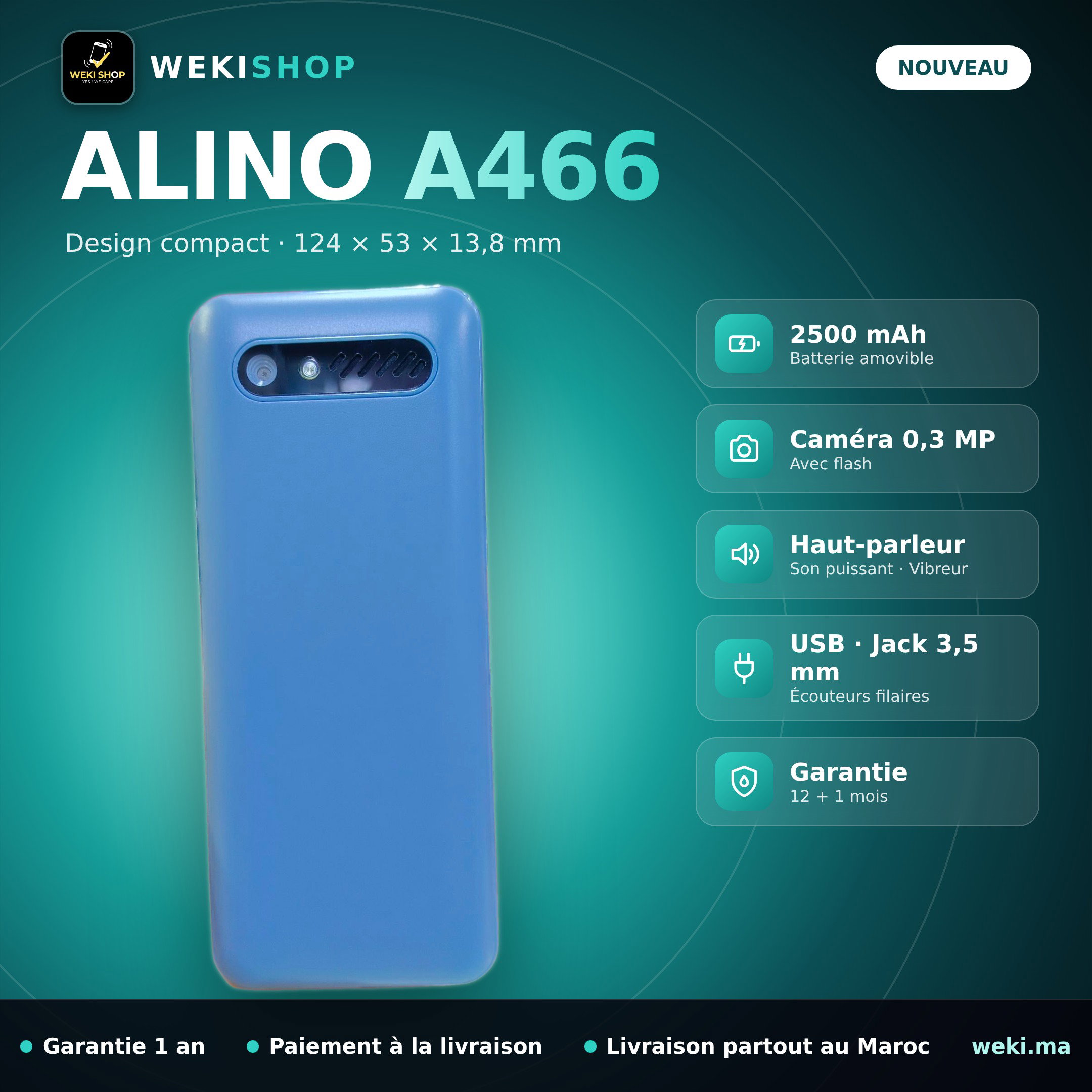 ALINO A466 – Téléphone classique Double SIM – 2500 mAh, Radio FM, Lampe torche_1