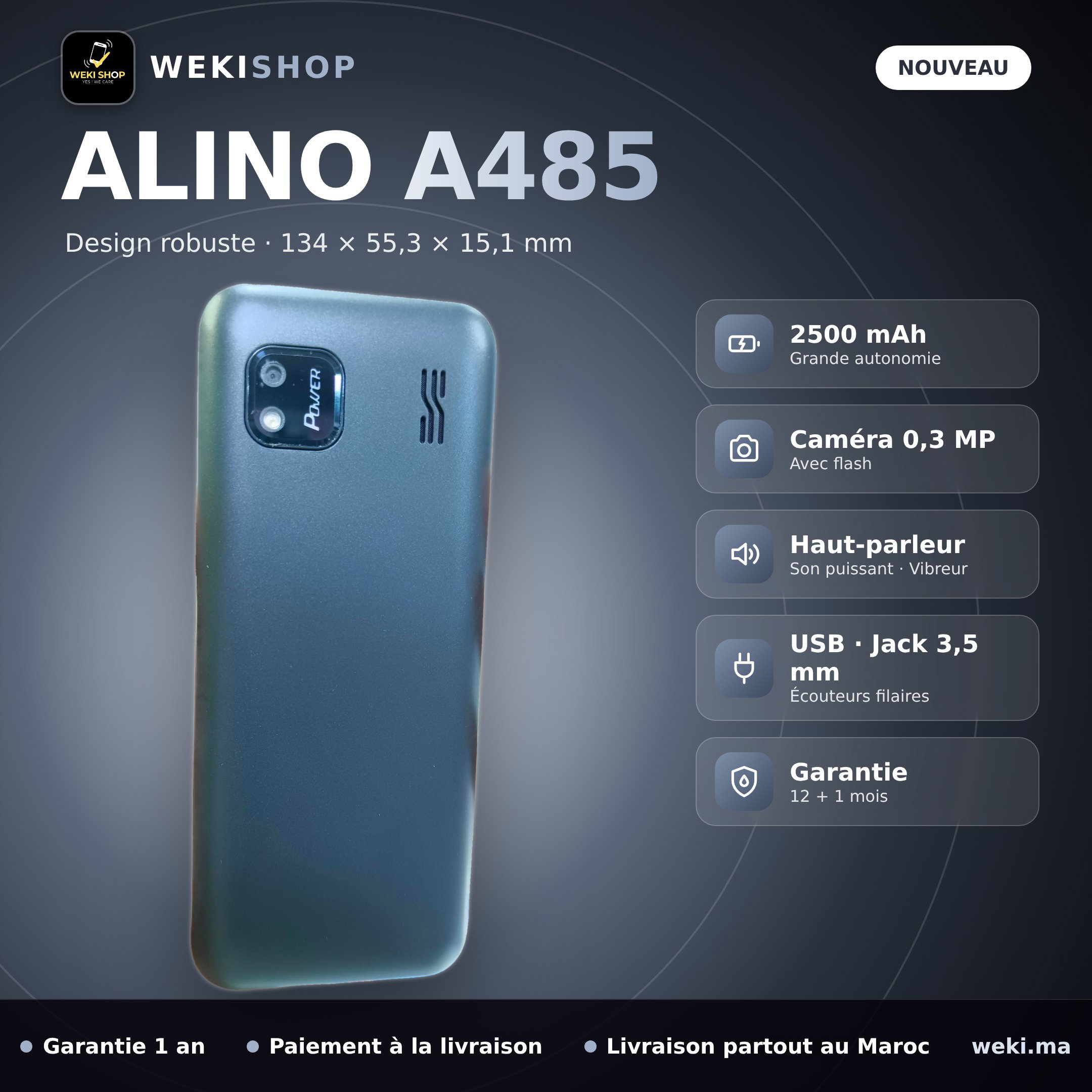 ALINO A485 – Téléphone classique Double SIM – Écran 2,8", 2500 mAh, Double torche_1