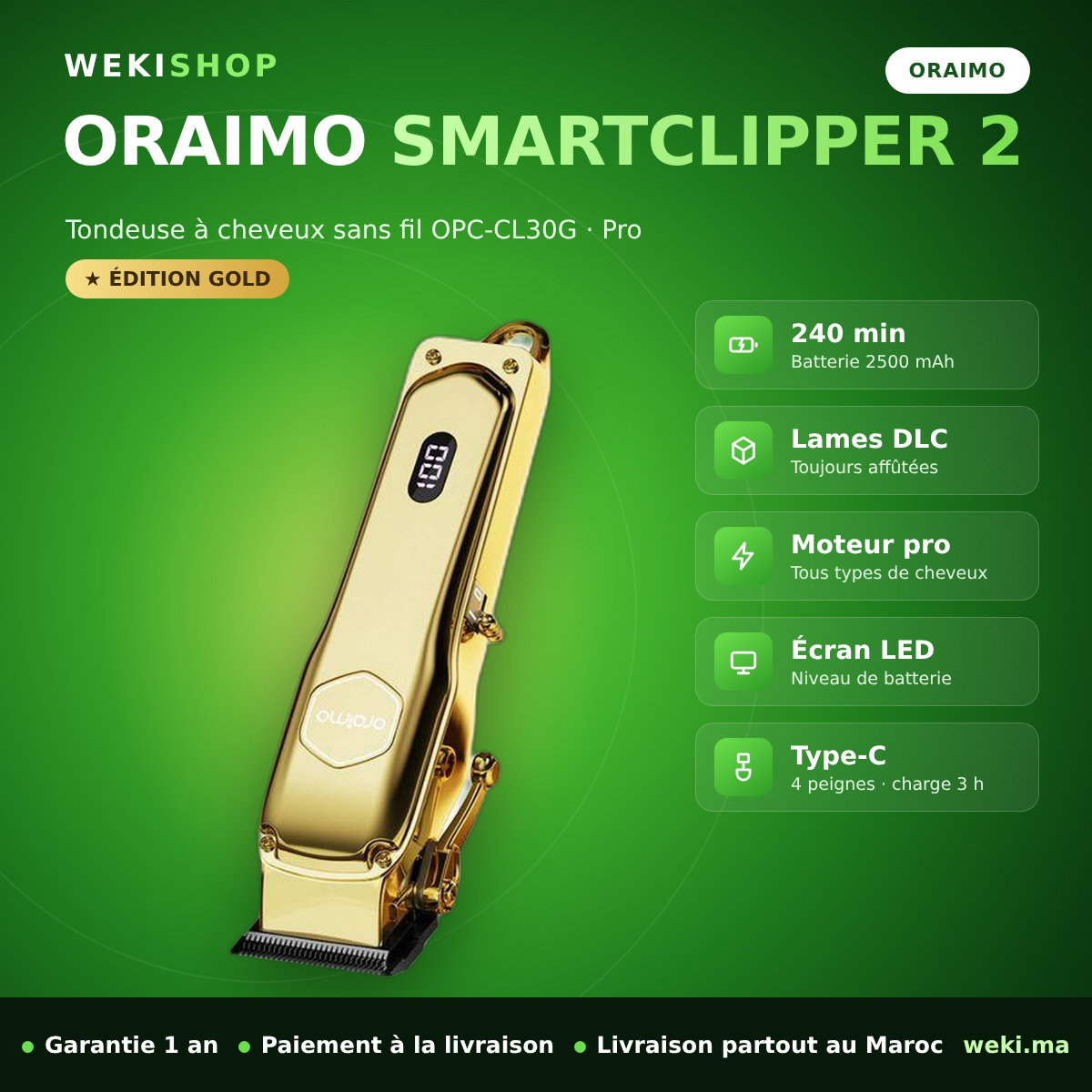 Tondeuse à cheveux oraimo SmartClipper 2 Gold OPC-CL30G – Lames DLC, 240 min – Original