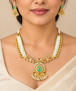 Traditional Green Stone Temple Necklace Set with Matching Jhumka Earrings