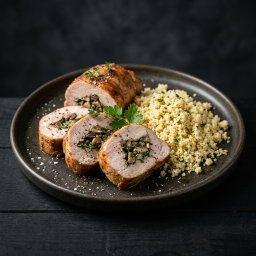 Рулет из свиной вырезки с грибами и зеленью с кус кус
