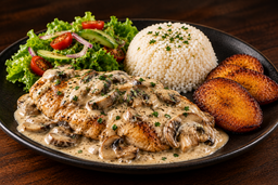 Almuerzo del Día Pollo en Salsa Blanca con Hongos + bebida