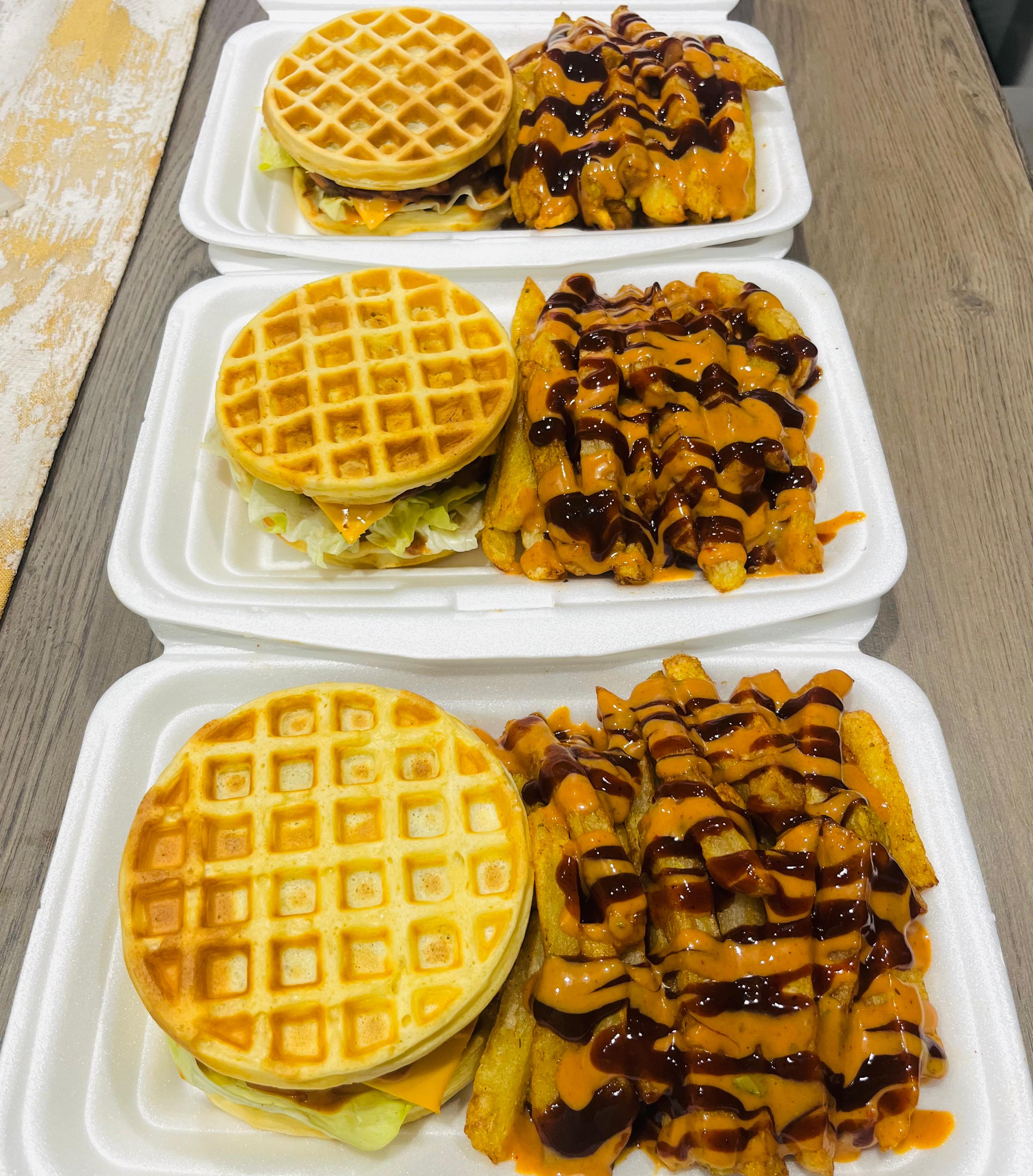 Waffle burger and fries