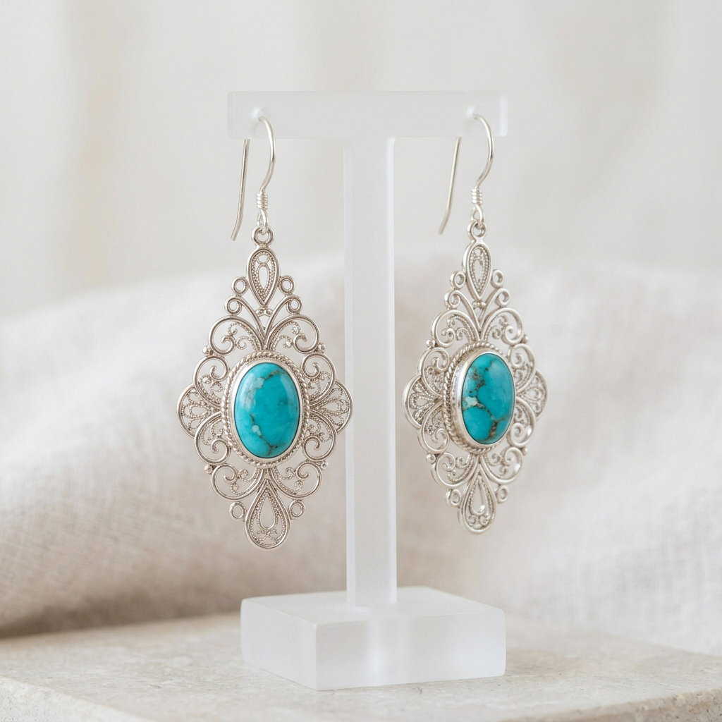 Aretes de filigrana de plata con turquesa · Silver Filigree Turquoise Earrings