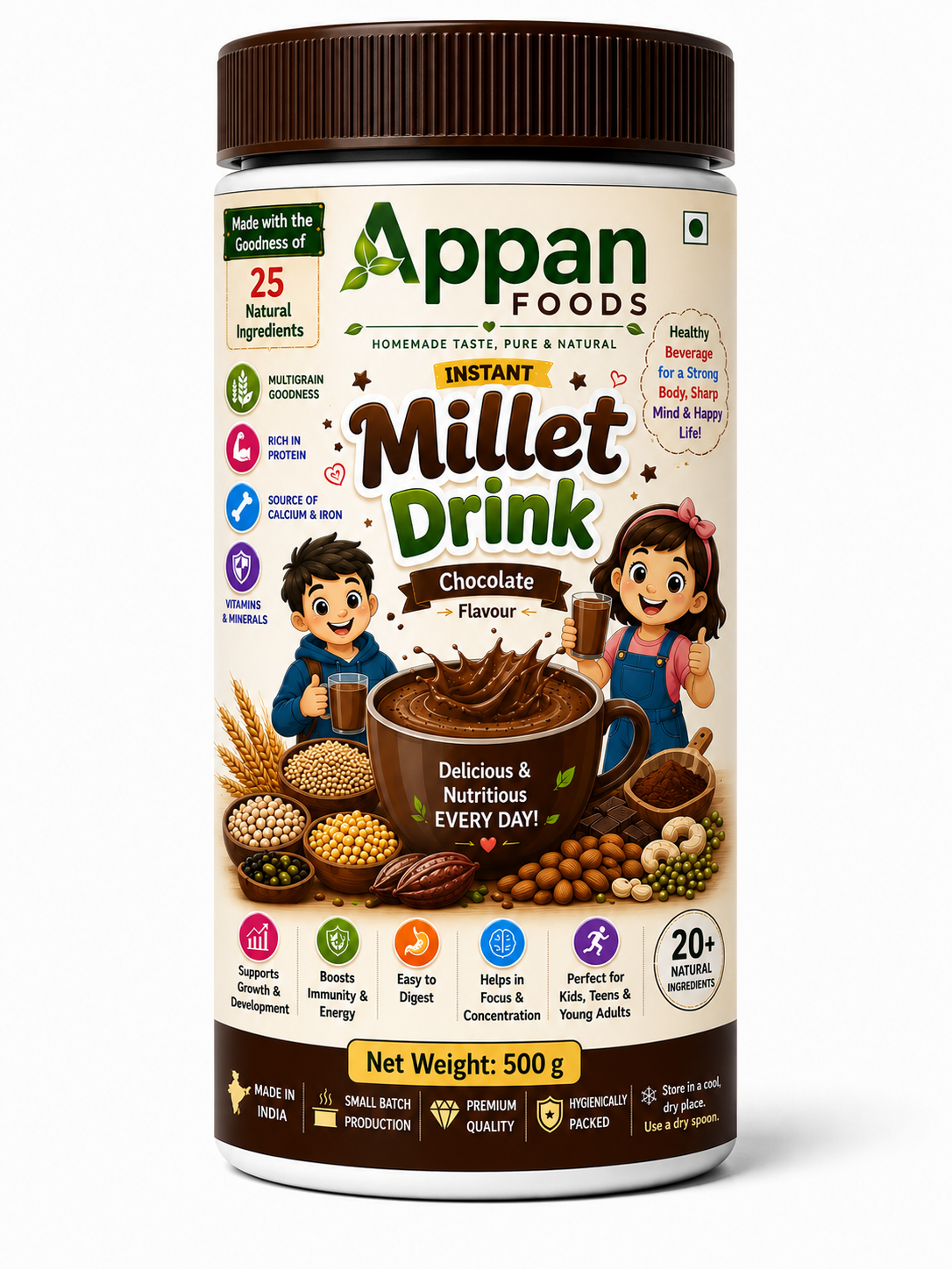 Instant Millet Drink Chocolate 500g | Multigrain Health Drink | Appan Foods